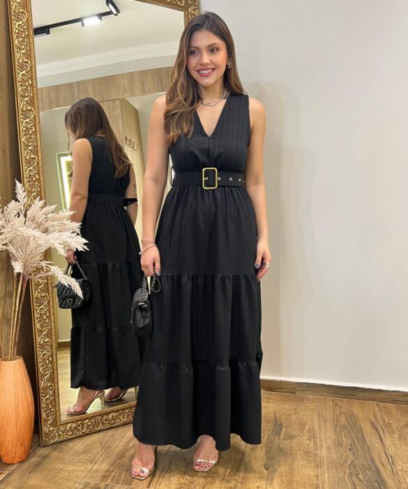 Vestido Longo Bia sem Bojo Preto com Cinto e Detalhes - Fernanda Ramos Store