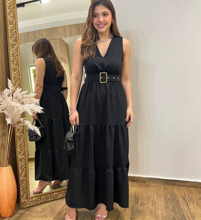 Vestido Longo Bia sem Bojo Preto com Cinto e Detalhes - Fernanda Ramos Store