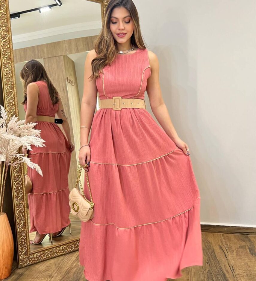 Vestido Longo Bia sem Bojo Rose com Cinto e Detalhes - Fernanda Ramos Store