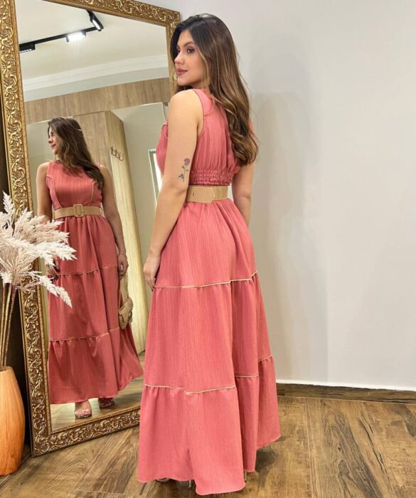 Vestido Longo Bia sem Bojo Rose com Cinto e Detalhes - Fernanda Ramos Store