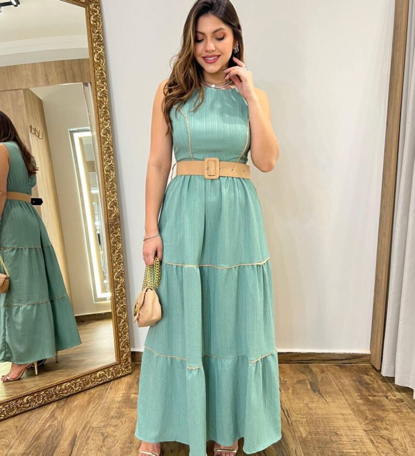 Vestido Longo Bia sem Bojo Verde com Cinto e Detalhes - Fernanda Ramos Store