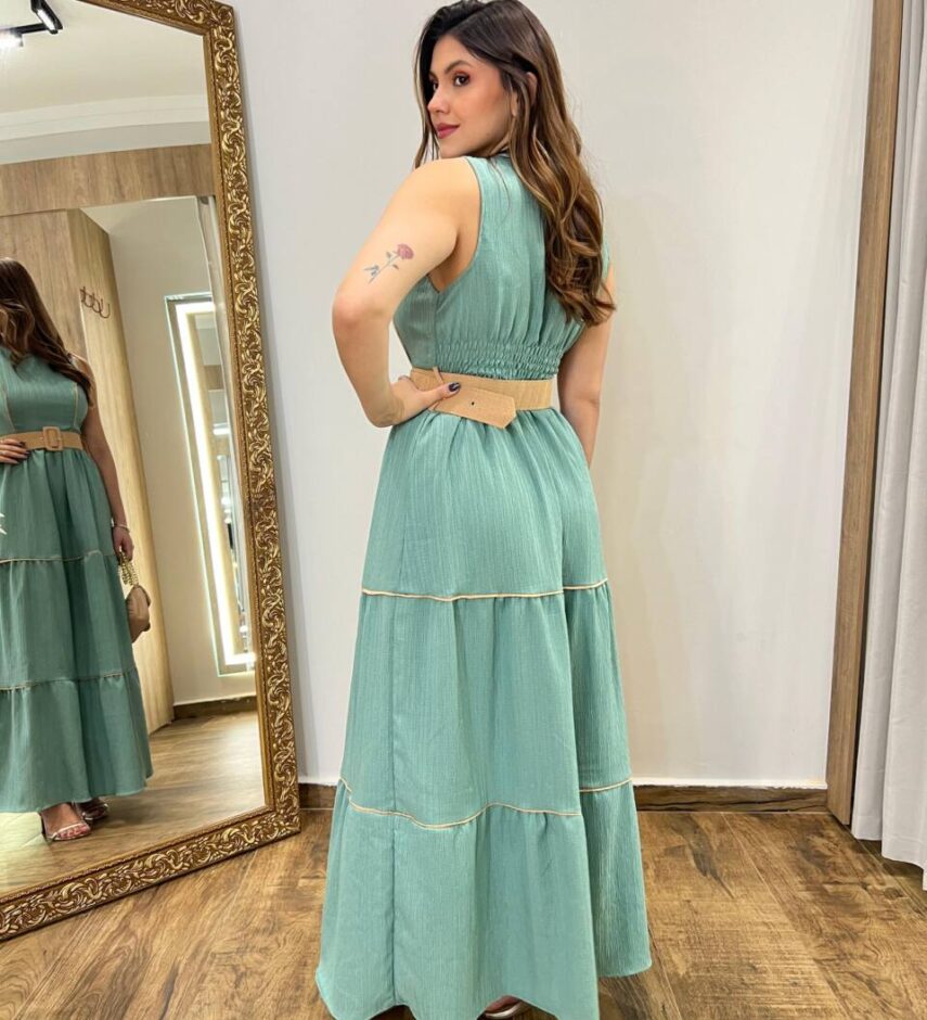 Vestido Longo Bia sem Bojo Verde com Cinto e Detalhes - Fernanda Ramos Store