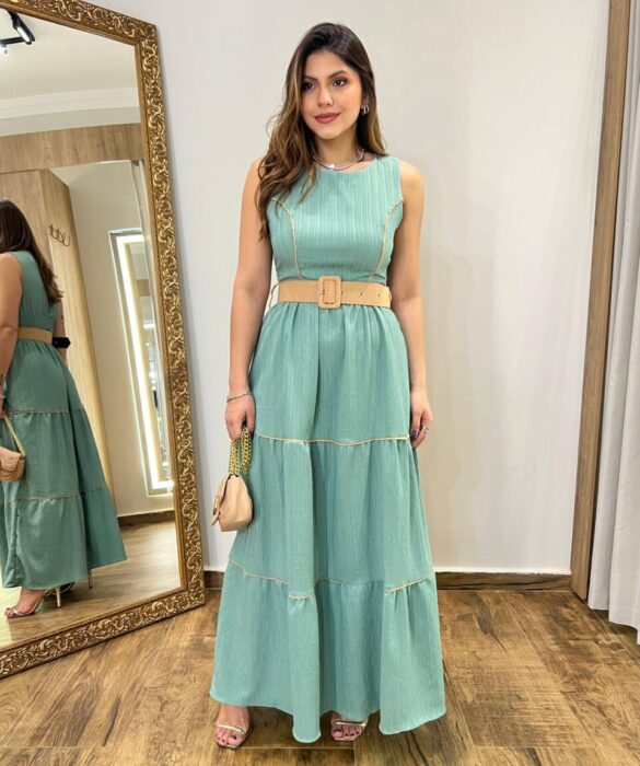 Vestido Longo Bia sem Bojo Verde com Cinto e Detalhes - Fernanda Ramos Store