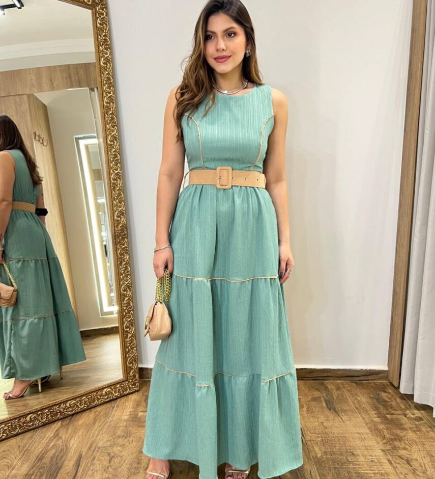 Vestido Longo Bia sem Bojo Verde com Cinto e Detalhes - Fernanda Ramos Store
