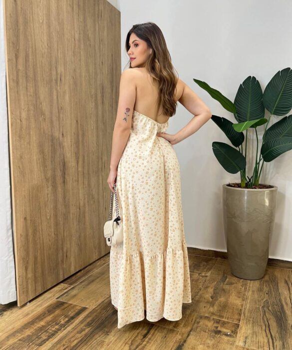 Vestido Longo Cris Frente Única com Bojo Estampado Nude - Fernanda Ramos Store