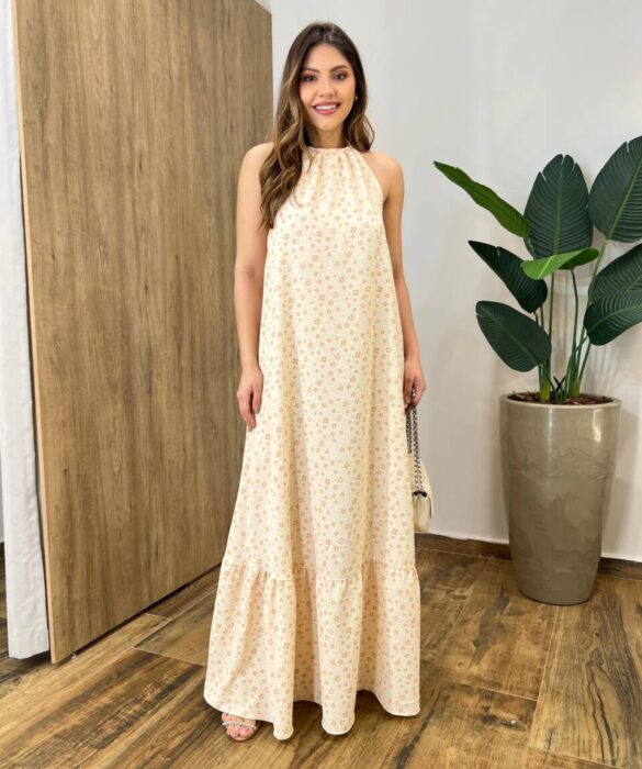 Vestido Longo Cris Frente Única com Bojo Estampado Nude - Fernanda Ramos Store