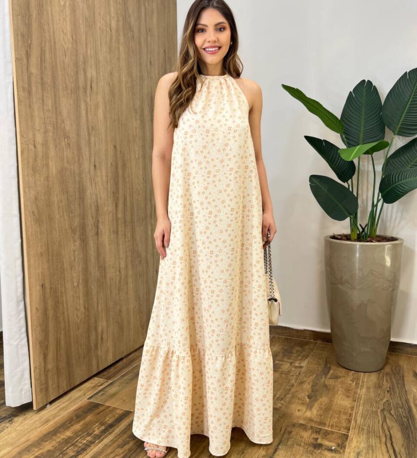 Vestido Longo Cris Frente Única com Bojo Estampado Nude - Fernanda Ramos Store
