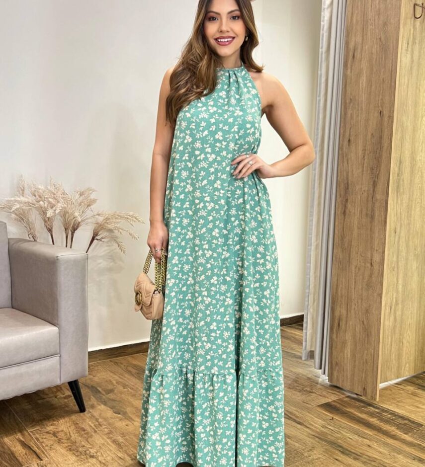 Vestido Longo Cris Frente Única com Bojo Estampado Verde - Fernanda Ramos Store