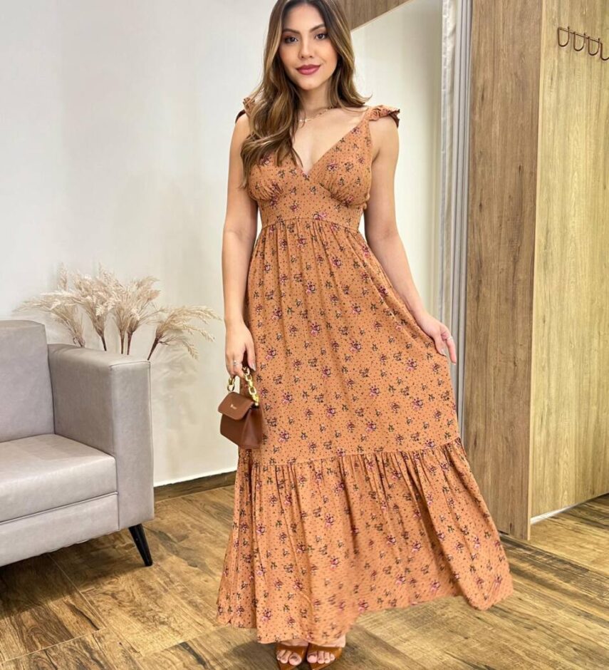 Vestido Longo Dani sem Bojo Decote em V e Amarração Caramelo - Fernanda Ramos Store