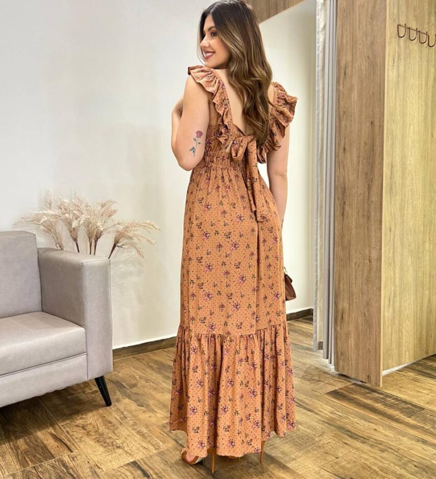 Vestido Longo Dani sem Bojo Decote em V e Amarração Caramelo - Fernanda Ramos Store