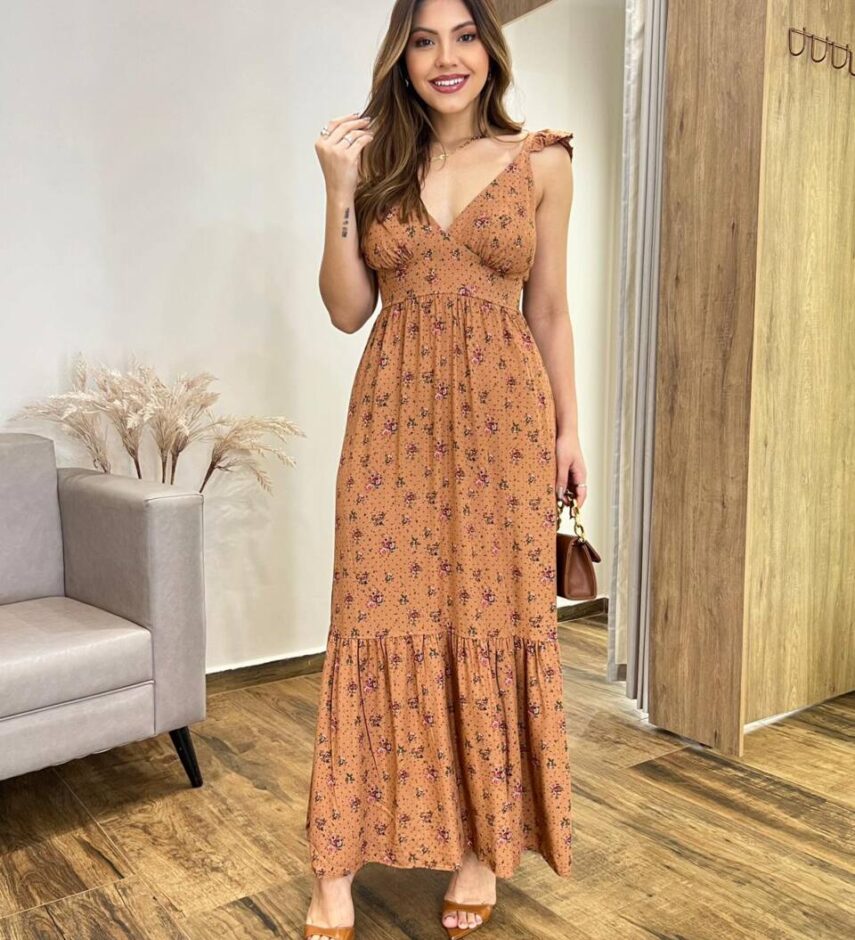 Vestido Longo Dani sem Bojo Decote em V e Amarração Caramelo - Fernanda Ramos Store