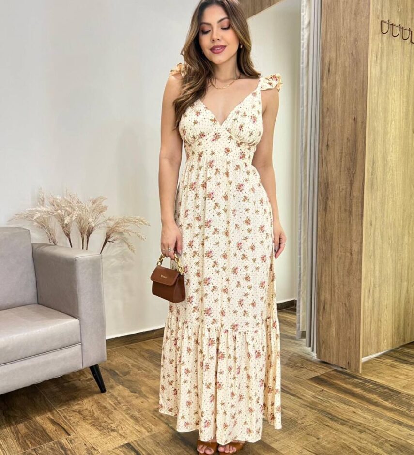 Vestido Longo Dani sem Bojo Decote em V e Amarração Cru - Fernanda Ramos Store