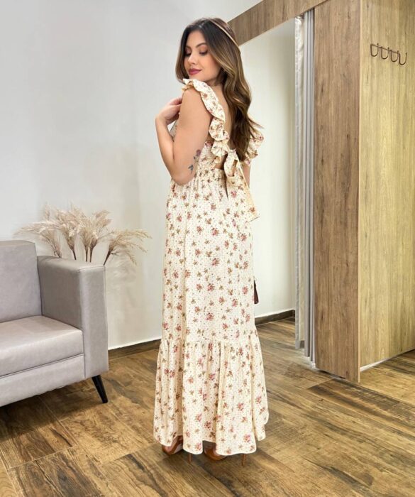 Vestido Longo Dani sem Bojo Decote em V e Amarração Cru - Fernanda Ramos Store