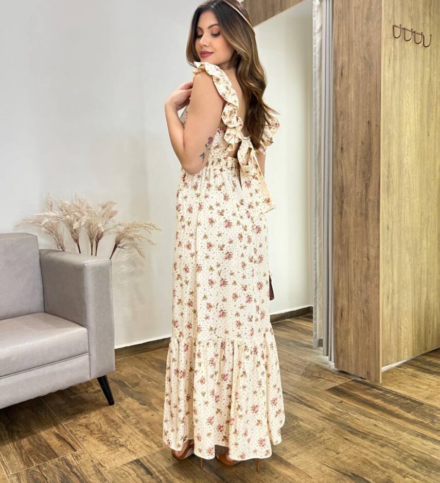 Vestido Longo Dani sem Bojo Decote em V e Amarração Cru - Fernanda Ramos Store