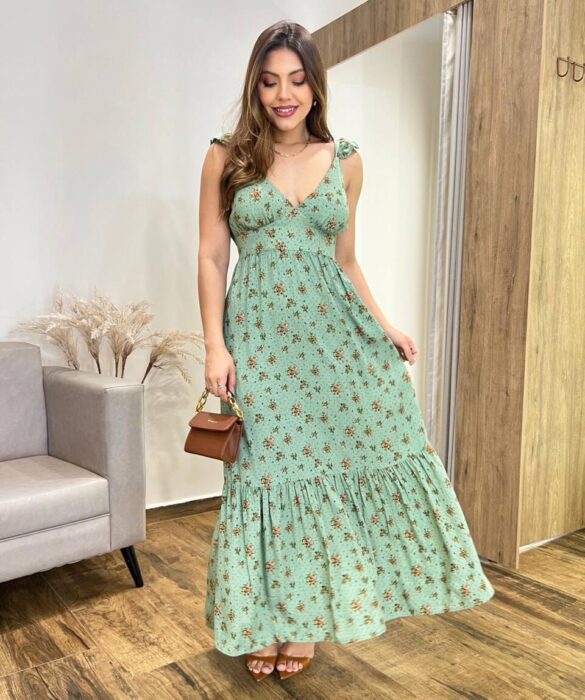 Vestido Longo Dani sem Bojo Decote em V e Amarração Verde - Fernanda Ramos Store