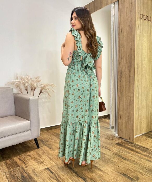 Vestido Longo Dani sem Bojo Decote em V e Amarração Verde - Fernanda Ramos Store