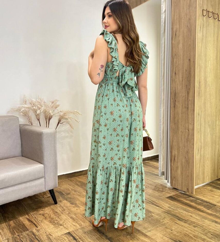 Vestido Longo Dani sem Bojo Decote em V e Amarração Verde - Fernanda Ramos Store