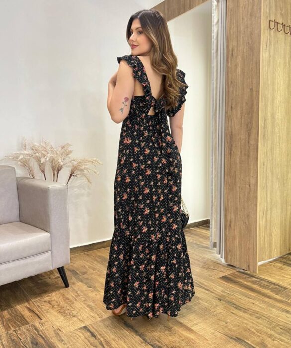 Vestido Longo Dani sem Bojo Decote em V e Amarração Preto - Fernanda Ramos Store