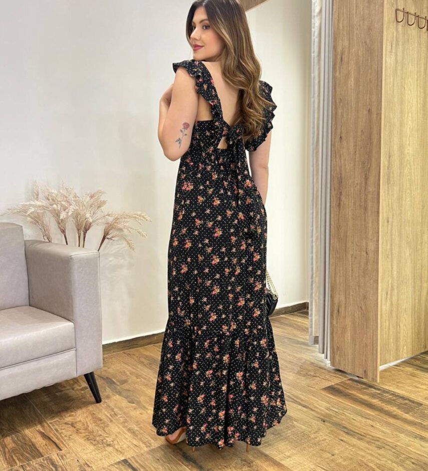 Vestido Longo Dani sem Bojo Decote em V e Amarração Preto - Fernanda Ramos Store