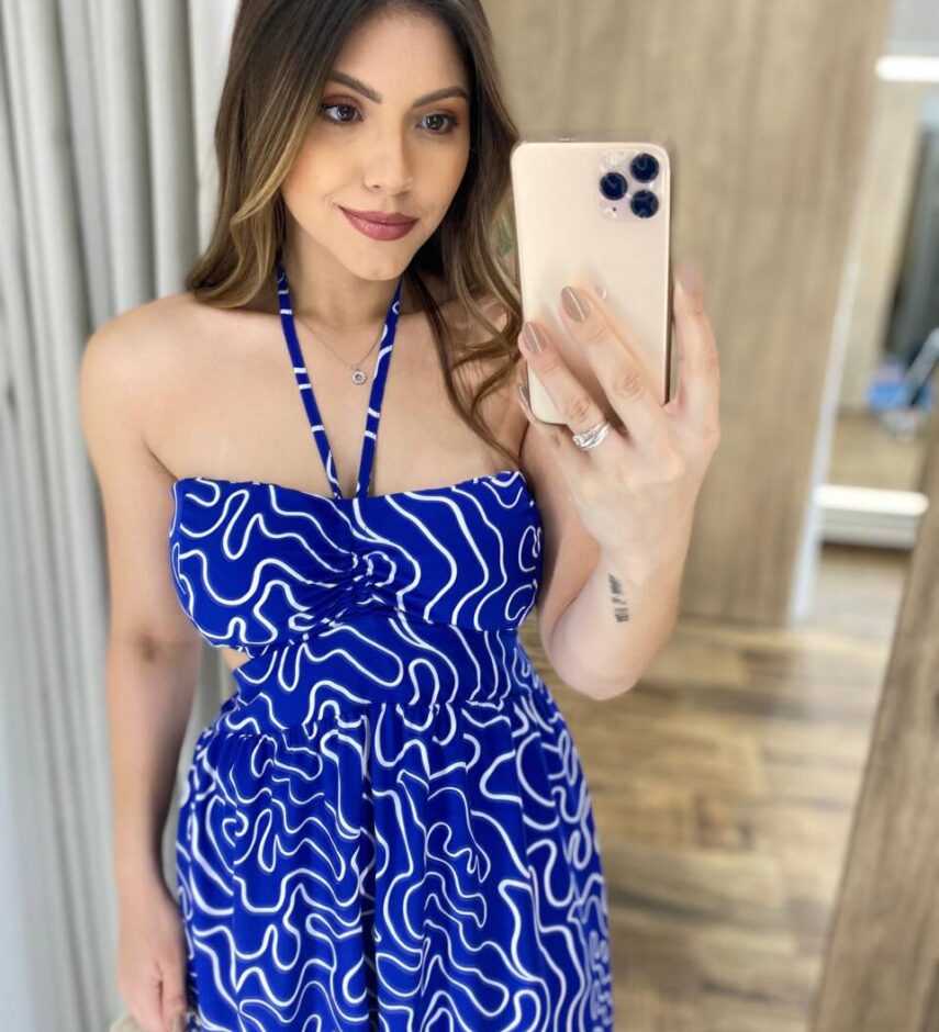 Vestido Longo Ester com Bojo Abertura Lateral Estampado Azul - Fernanda Ramos Store