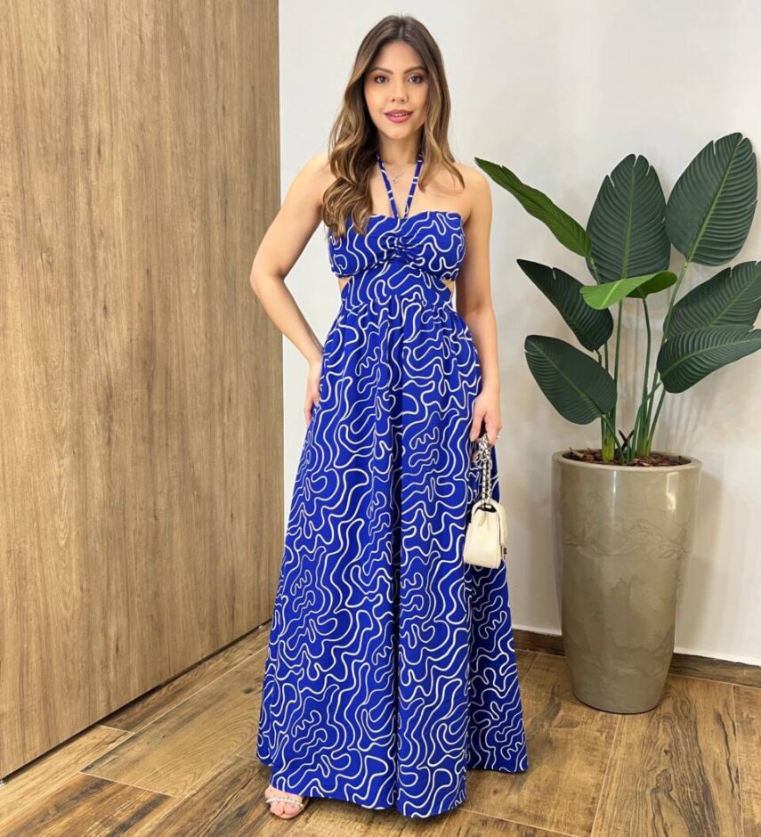 Vestido Longo Ester com Bojo Abertura Lateral Estampado Azul - Fernanda Ramos Store