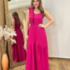 Vestido Longo Ester com Bojo Alça Regulável Detalhe em Pregas Pink - Fernanda Ramos Store