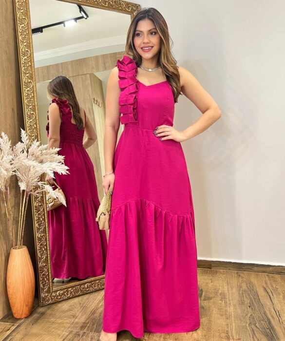 Vestido Longo Ester com Bojo Alça Regulável Detalhe em Pregas Pink - Fernanda Ramos Store