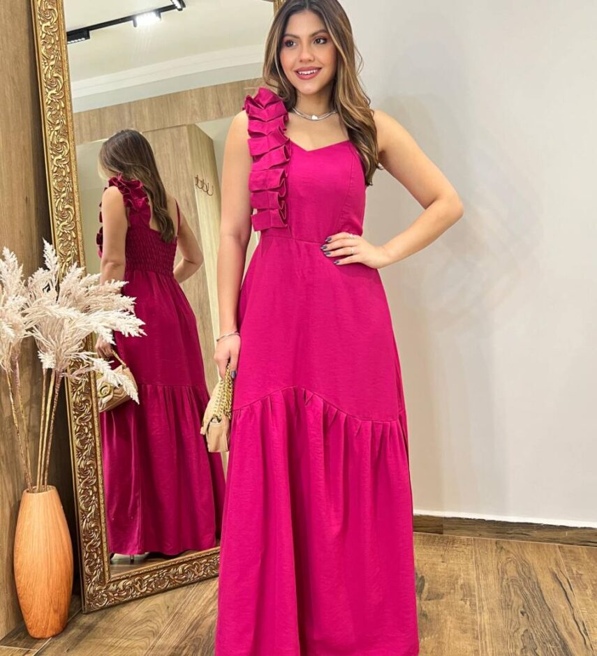 Vestido Longo Ester com Bojo Alça Regulável Detalhe em Pregas Pink - Fernanda Ramos Store