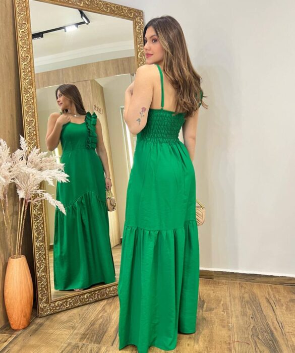 Vestido Longo Ester com Bojo Alça Regulável Detalhe em Pregas Verde - Fernanda Ramos Store