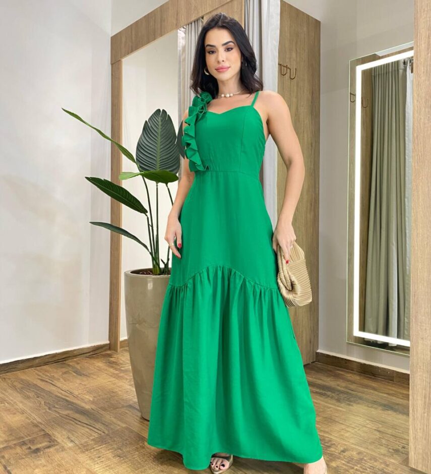 Vestido Longo Ester com Bojo Alça Regulável Detalhe em Pregas Verde - Fernanda Ramos Store