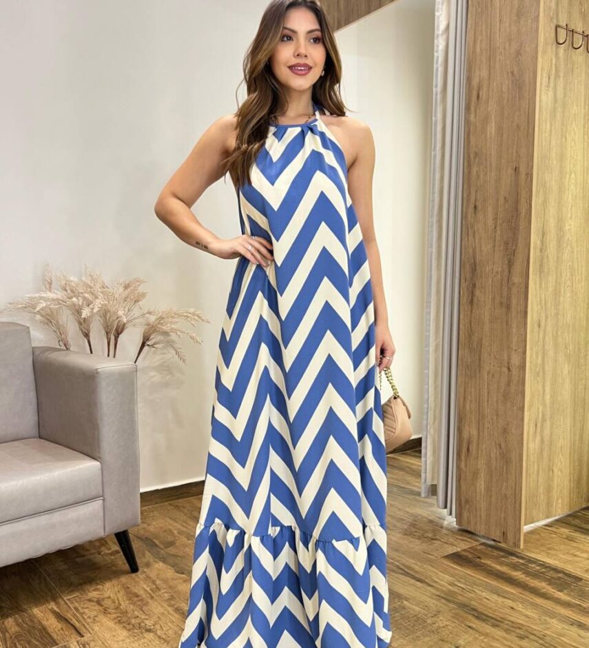 Vestido Longo Frente Única com Bojo e Amarração Estampa Azul - Fernanda Ramos Store