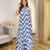 Vestido Longo Frente Única com Bojo e Amarração Estampa Azul - Fernanda Ramos Store