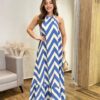 Vestido Longo Frente Única com Bojo e Amarração Estampa Azul - Fernanda Ramos Store