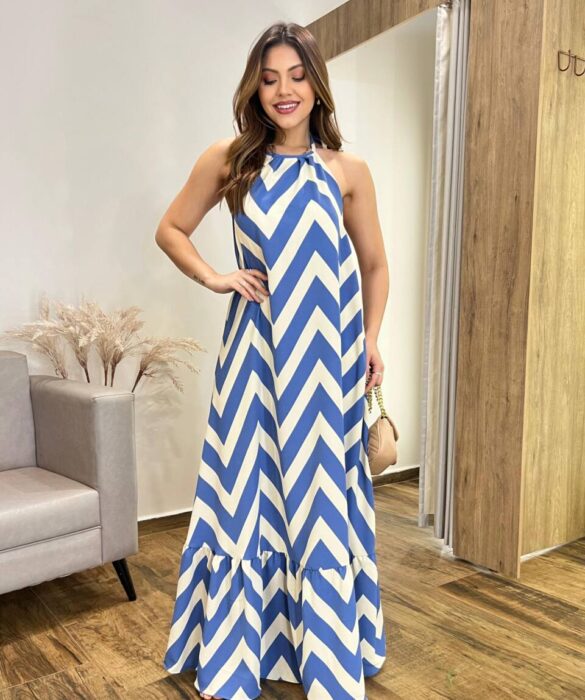 Vestido Longo Frente Única com Bojo e Amarração Estampa Azul - Fernanda Ramos Store