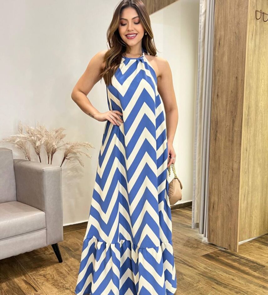 Vestido Longo Frente Única com Bojo e Amarração Estampa Azul - Fernanda Ramos Store