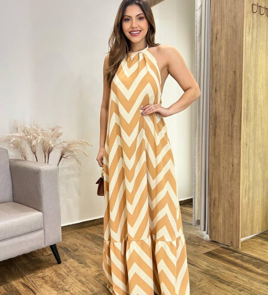 Vestido Longo Frente Única com Bojo e Amarração Estampa Bege - Fernanda Ramos Store