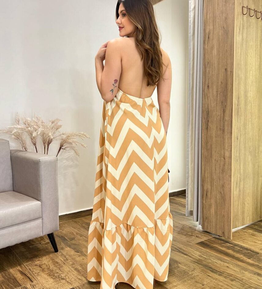 Vestido Longo Frente Única com Bojo e Amarração Estampa Bege - Fernanda Ramos Store