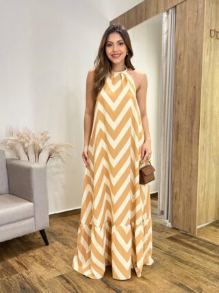 Vestido Longo Frente Única com Bojo e Amarração Estampa Bege - Fernanda Ramos Store