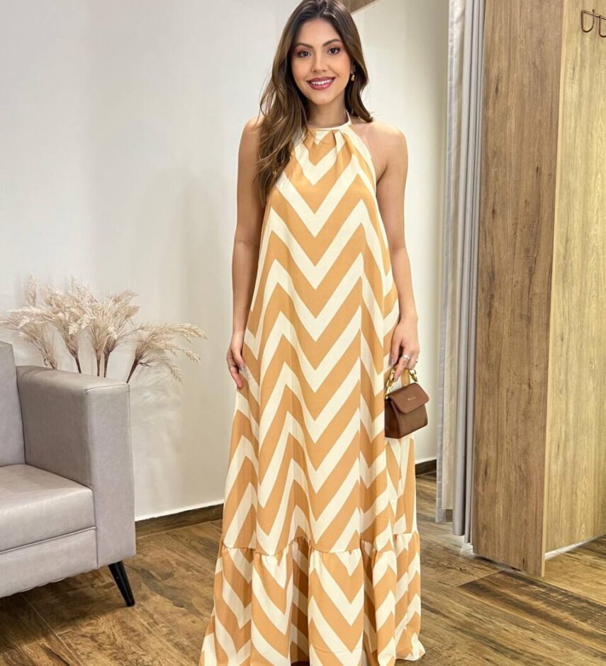 Vestido Longo Frente Única com Bojo e Amarração Estampa Bege - Fernanda Ramos Store