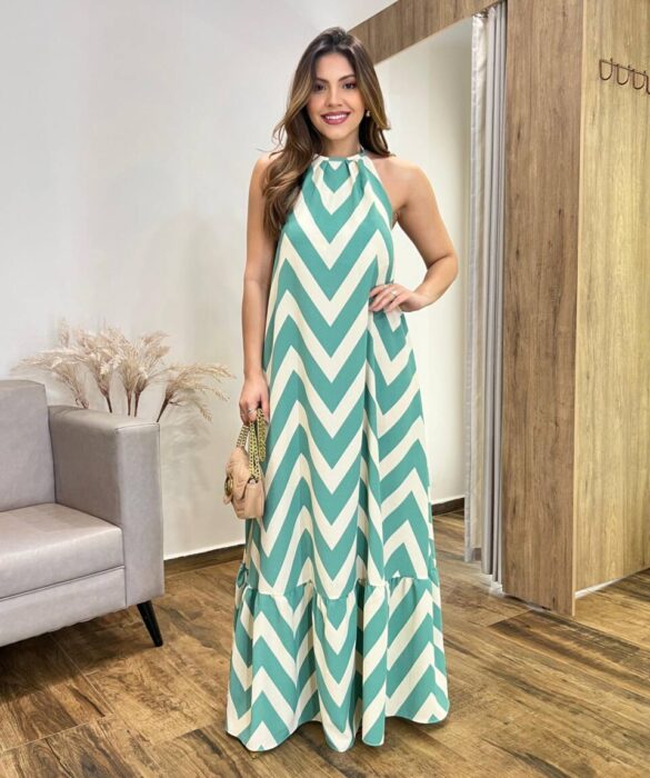 Vestido Longo Frente Única com Bojo e Amarração Estampa Verde - Fernanda Ramos Store