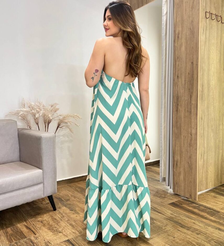 Vestido Longo Frente Única com Bojo e Amarração Estampa Verde - Fernanda Ramos Store