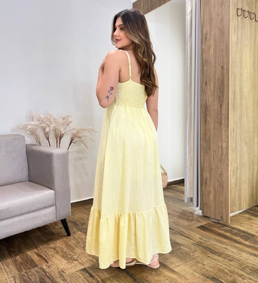 Vestido Longo Laisa sem Bojo Alça Regulável com Lastex Amarelo - Fernanda Ramos Store