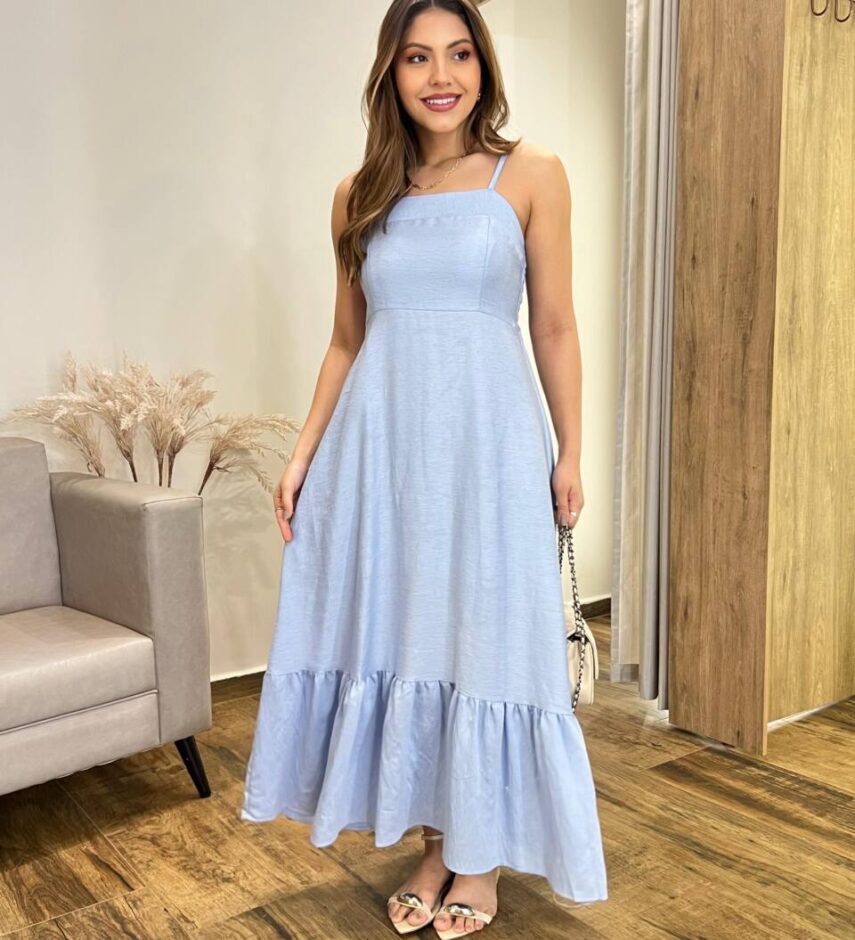Vestido Longo Laisa sem Bojo Alça Regulável com Lastex Azul - Fernanda Ramos Store
