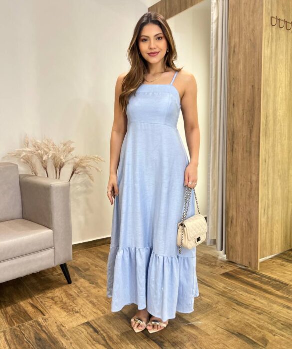 Vestido Longo Laisa sem Bojo Alça Regulável com Lastex Azul - Fernanda Ramos Store