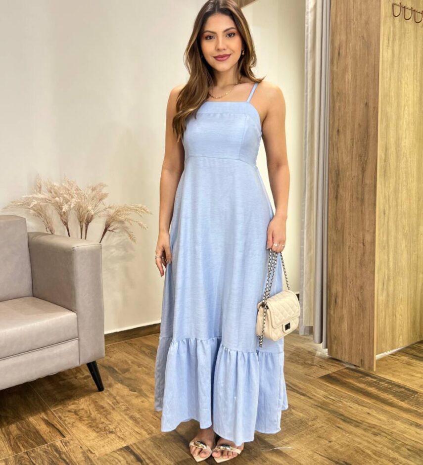 Vestido Longo Laisa sem Bojo Alça Regulável com Lastex Azul - Fernanda Ramos Store