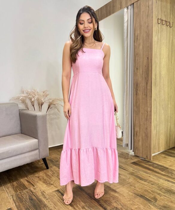 Vestido Longo Laisa sem Bojo Alça Regulável com Lastex Rosa - Fernanda Ramos Store