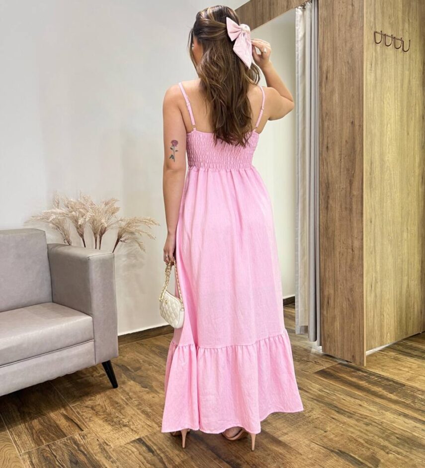 Vestido Longo Laisa sem Bojo Alça Regulável com Lastex Rosa - Fernanda Ramos Store