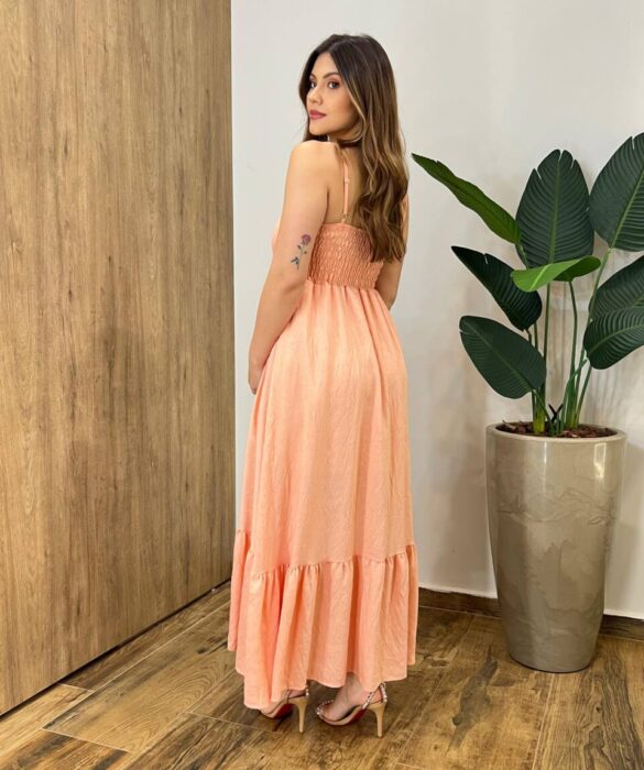 Vestido Longo Laisa sem Bojo Alça Regulável com Lastex Salmão - Fernanda Ramos Store