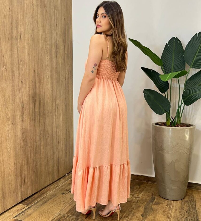 Vestido Longo Laisa sem Bojo Alça Regulável com Lastex Salmão - Fernanda Ramos Store