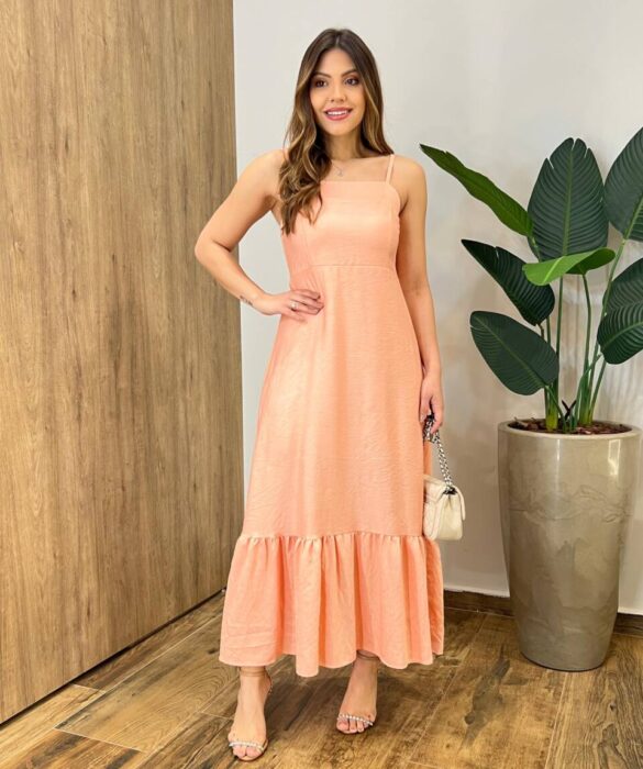 Vestido Longo Laisa sem Bojo Alça Regulável com Lastex Salmão - Fernanda Ramos Store